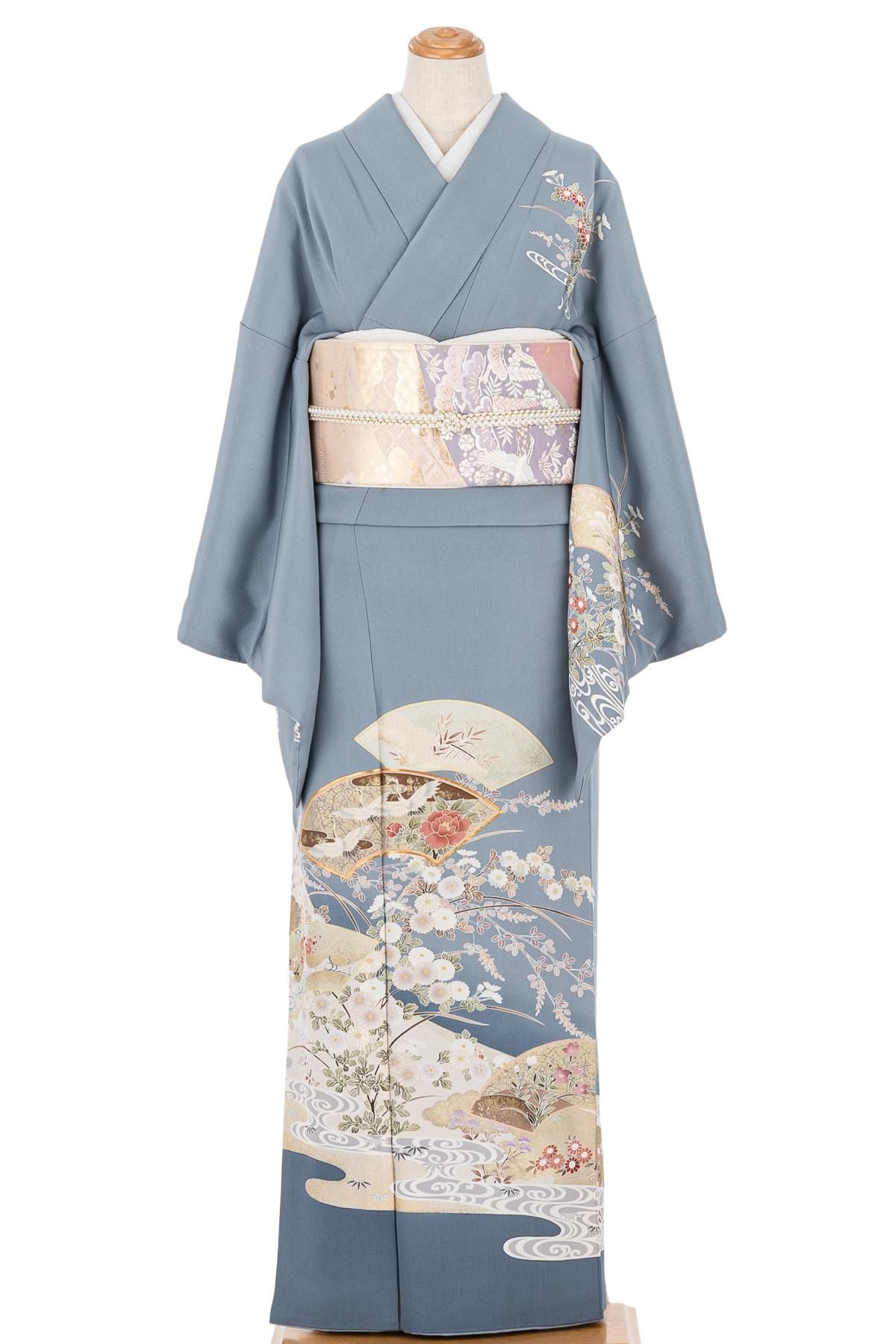 訪問着 扇面に牡丹と鶴 作家物 - からん::アンティーク着物