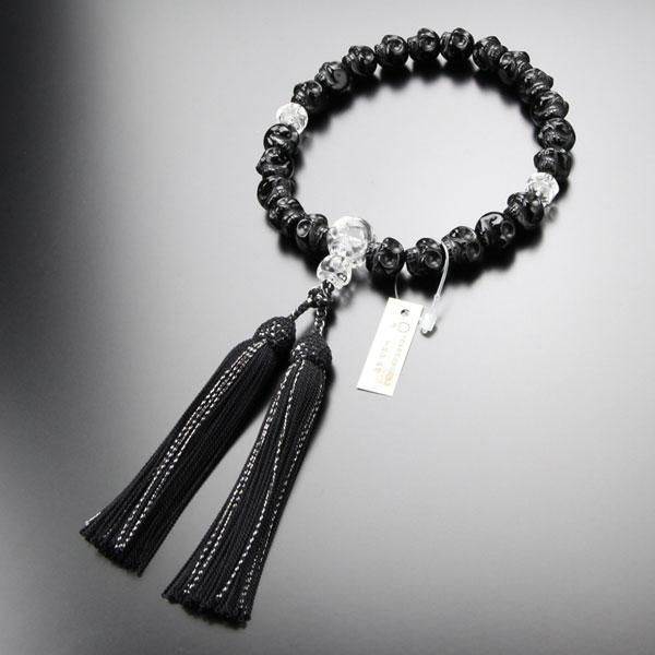 数珠 男性用 22玉 髑髏彫り 黒オニキス 本水晶 正絹2色房 ドクロ