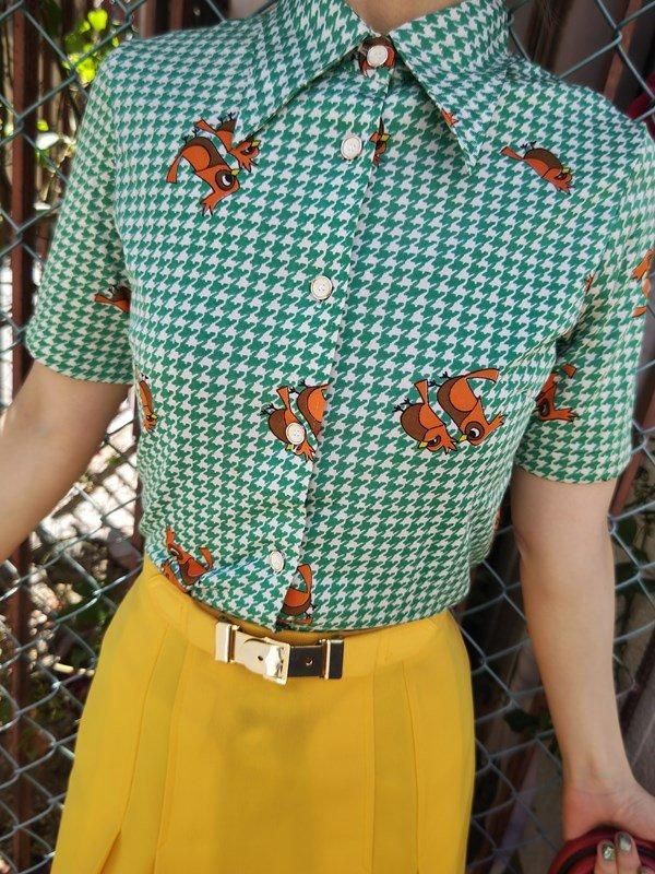 レナウン*すずめ鳥x千鳥格子柄♪レトロシャツ -