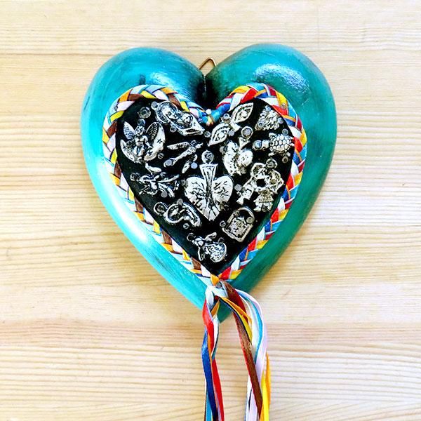 メキシコ 壁飾り ハート ミラグロ リボン（ブルーグリーン）[14cm