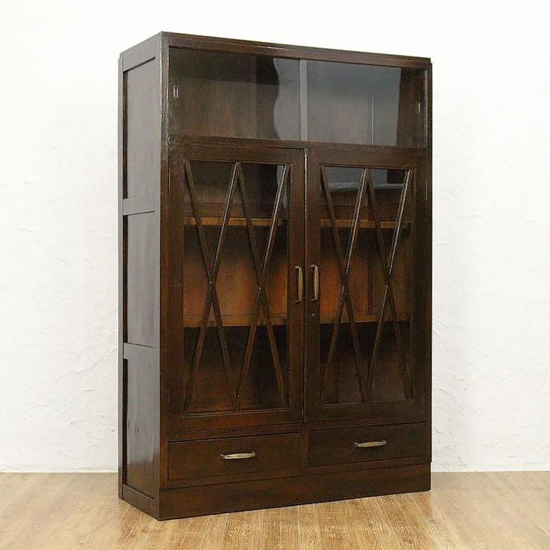 昭和レトロなアンティーク本箱｜ガラス扉と引出し5杯付きで収納力も