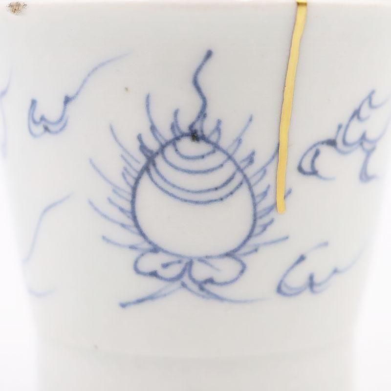 蕎麦猪口 明治大正の金継ぎ手描き染付アンティーク