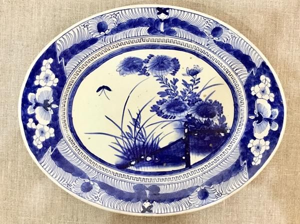 手描き染付アンティーク和食器｜楕円絵皿｜昭和初期
