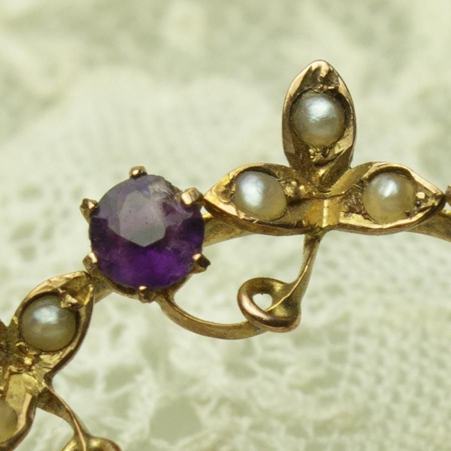 ビクトリアン 9金 アメジスト シード パール 花輪 ブローチ 1900年頃