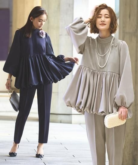 バルーンペプラムTOPS＆ピンタックシガレットパンツセットアップ「PA1353」