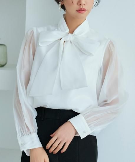 タックスタンドカラーオーガンジーシアーボウタイブラウス「T1333」
