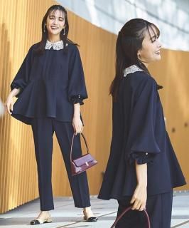 2WAYレース襟付きペプラムトップス＆テーパードパンツセットアップ