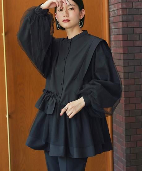 チュールMIXペプラムデザインシャツブラウス「T1418」