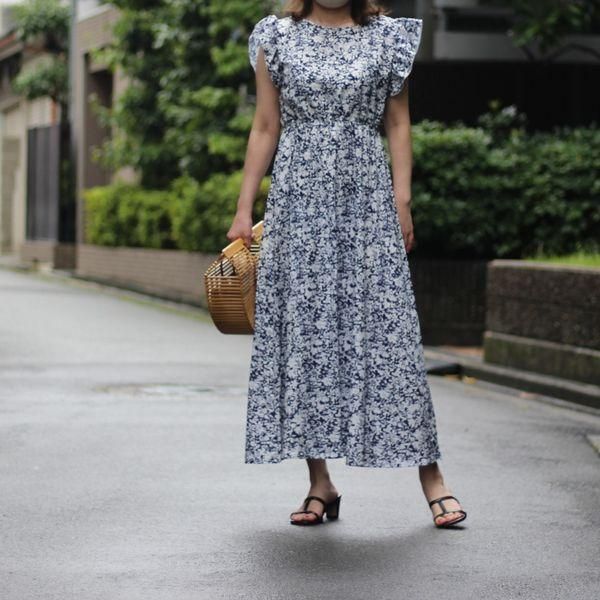 ロングワンピース 花柄 ワンピース フリルスリーブ ノースリーブ