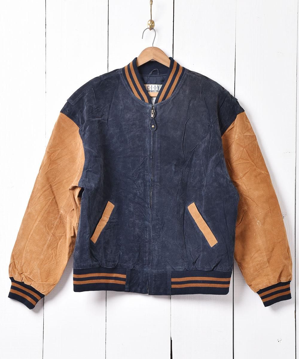 ネイビー×ベージュ オールレザースタジャン ブルゾン - 古着屋