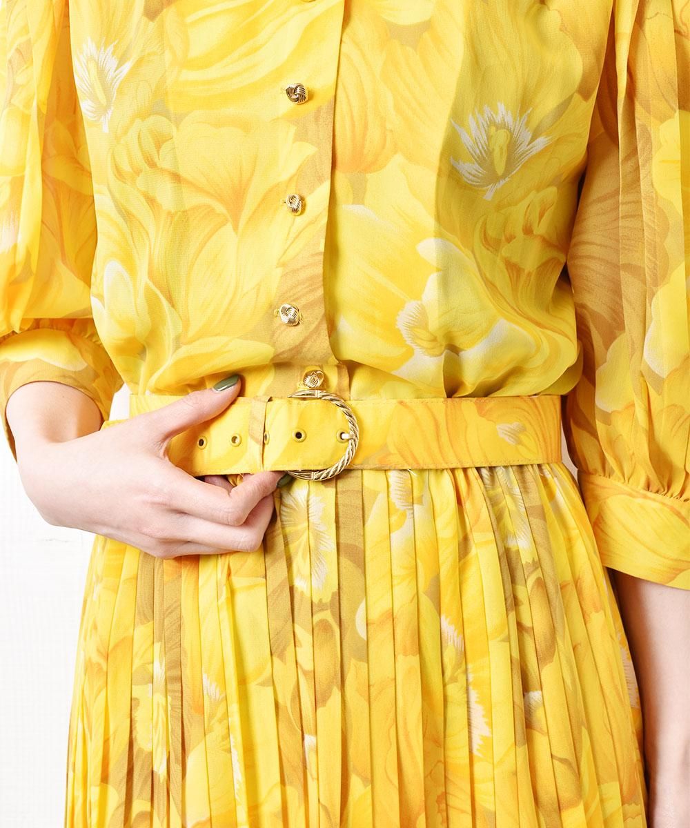 花柄シフォン プリーツワンピース ベルト付き イエロー - 古着屋