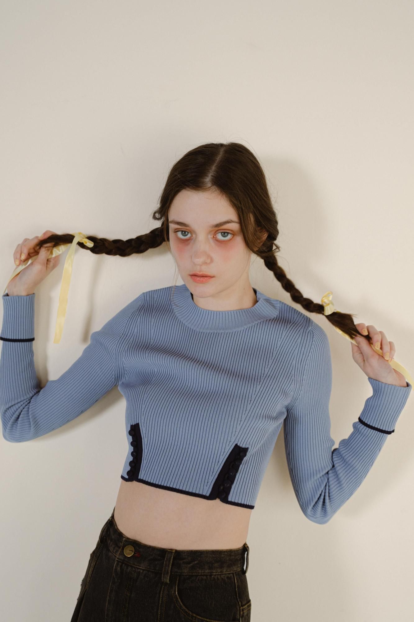 ウエストスリットニットトップス（SAX） - PINUE