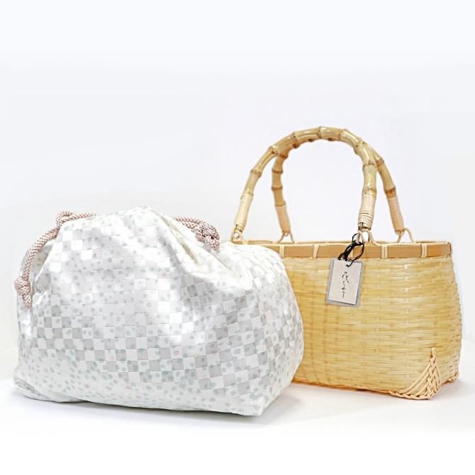 巾着付き カゴバッグ 浴衣 夏着物 2Way ナチュラル ブルー 夏 和洋