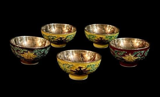 十四代永楽善五郎 交趾 純銀内張 猪口 五客 尚美堂共箱」 - 正尚堂