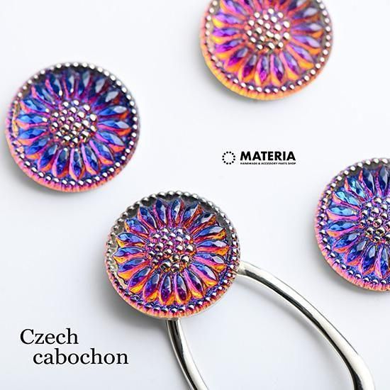 チェコガラスカボション デイジー ボルケーノ+シルバー 1個 青紫ピンク