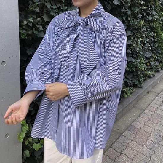 STYLE-06 Yui ボウタイブラウス・八分袖 ストライプ（ホワイト
