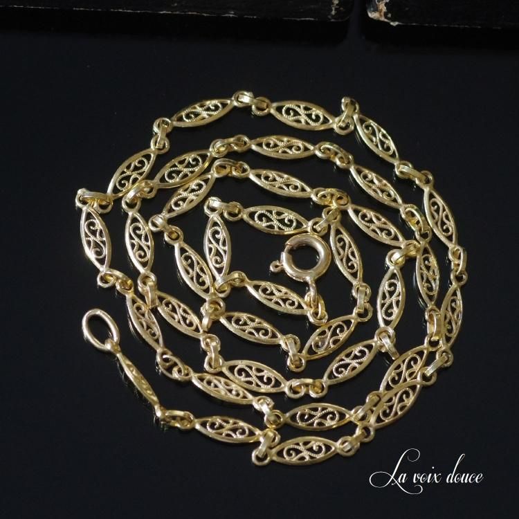 0790フランスアンティークK18ゴールドフィリグリーネックレスゴールド