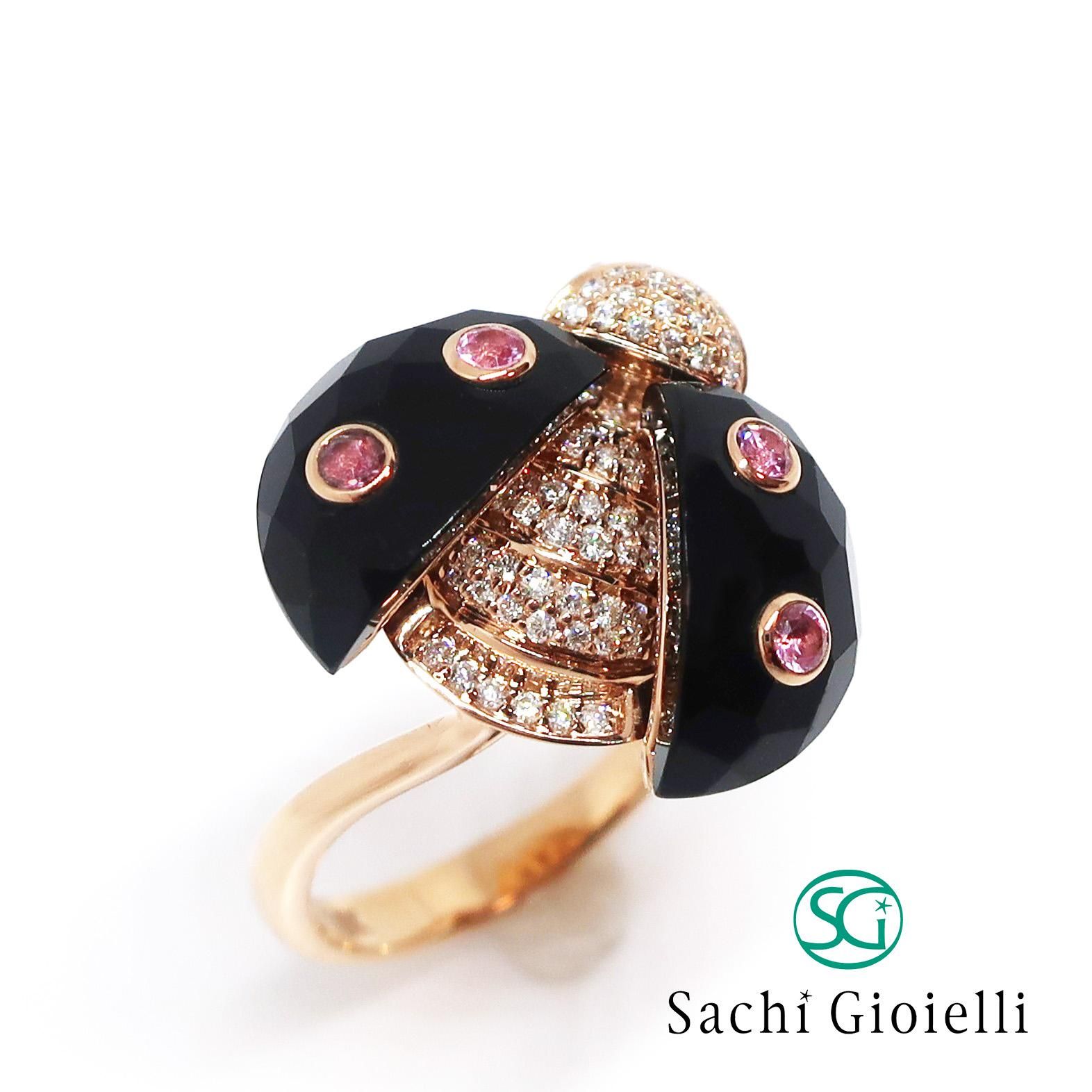 てんとう虫モチーフのオニキスとピンクサファイアのリング K18PG