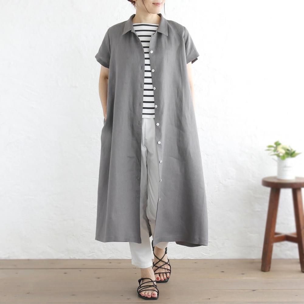 送料無料】 リネン 2way半袖シャツワンピース | グレー - アジアの手