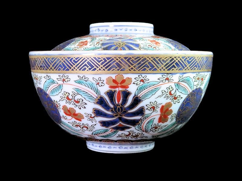 古伊万里 金襴手 瓔珞紋に花図 蓋茶碗 江戸期