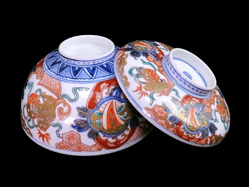 古伊万里 金襴手 桜花紋に光背の図 大振蓋茶碗 AS-DBz 古伊万里 金襴手