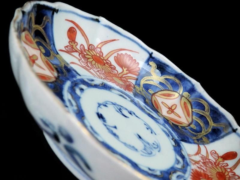 古伊万里 染錦 描分菊に七宝紋図 4寸皿 5枚セット