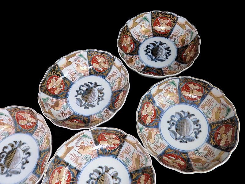 古伊万里 金襴手 月に鷺図 大振膾皿 5客セット