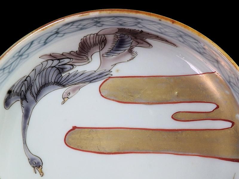 古伊万里 色絵 金雲に鶴 草花文図 5寸皿 4枚セット