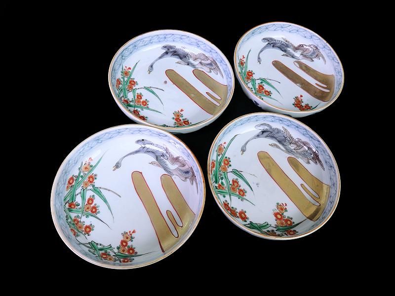 古伊万里 色絵 金雲に鶴 草花文図 5寸皿 4枚セット