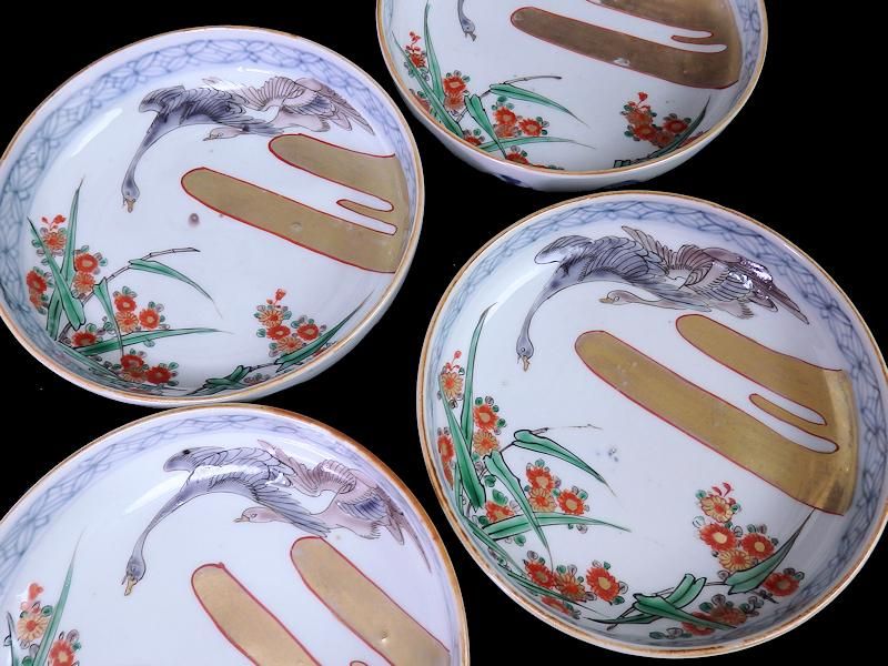 古伊万里 色絵 金雲に鶴 草花文図 5寸皿 4枚セット