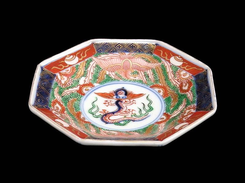古伊万里 金襴手 鳳凰に龍図 八角4寸皿
