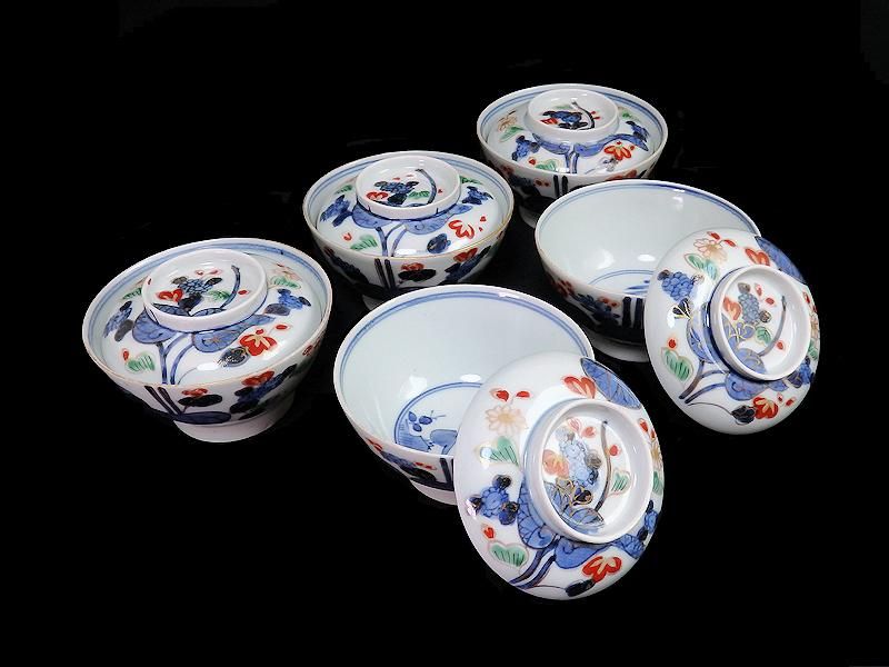 古伊万里 染錦 河骨紋図 広東型蓋茶碗 5客セット