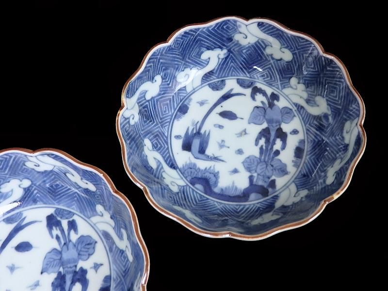 古伊万里 染付 雷紋に雲 花鳥紋図 膾皿 2客セット 江戸期