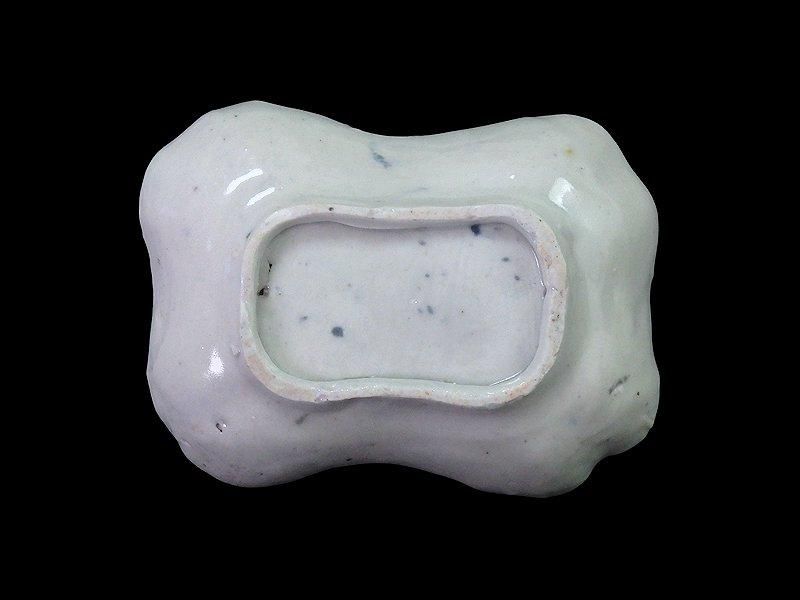 古伊万里 染付 型刷印判 松葉に幾何学文様図 糸巻形変形皿 江戸期