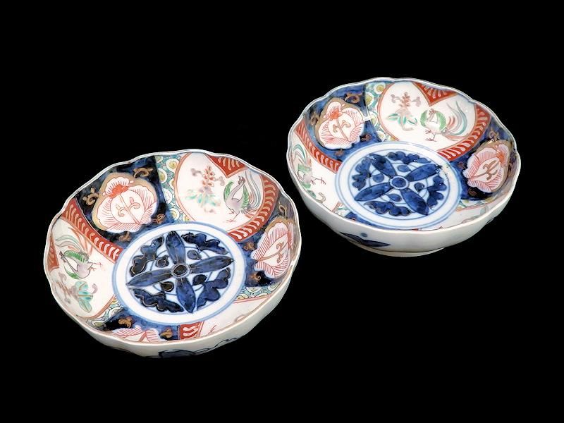 古伊万里 色絵 桐に鳳凰 花の図 膾皿 2客セット