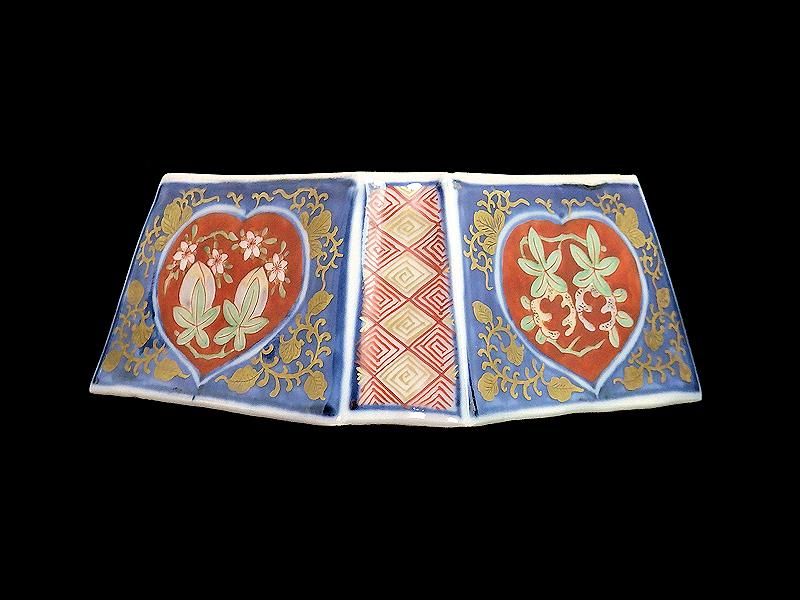 大聖寺伊万里 金襴手 桃に柘榴 大樹に欄干図 四方角向付