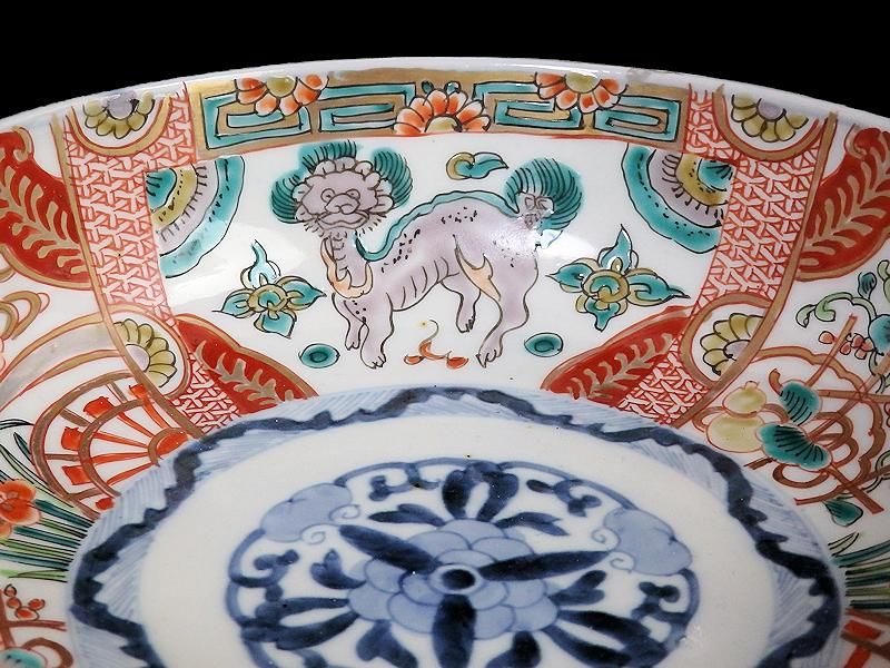 古伊万里 色絵 花鳥紋に獅子の図 深鉢