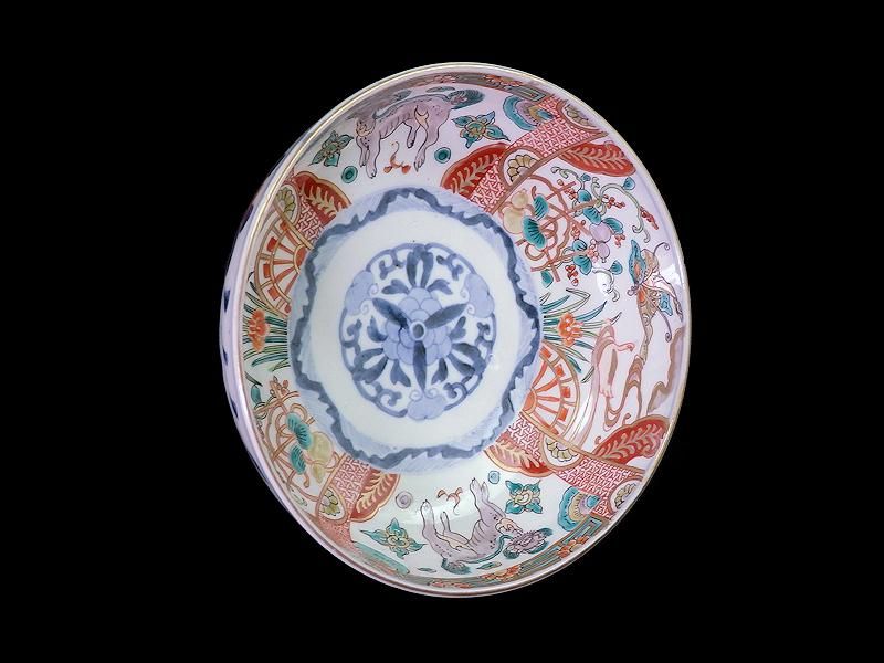 古伊万里 色絵 花鳥紋に獅子の図 深鉢