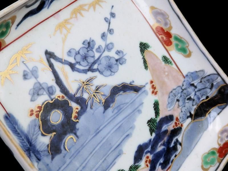 古伊万里 染錦 山水に松竹梅図 角皿