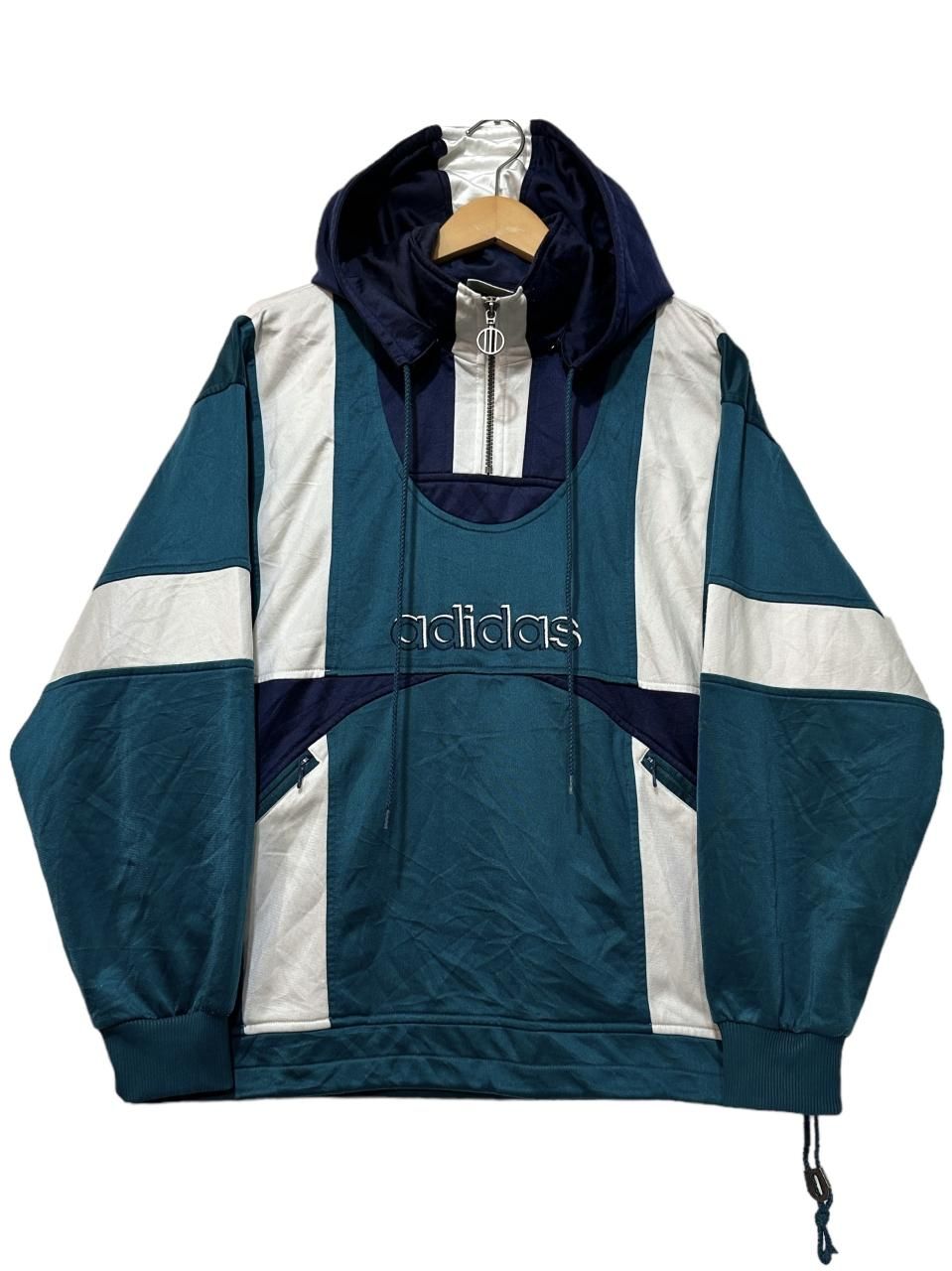 90s adidas Half-Zip Hooded Jersey 緑白紺 M アディダス ハーフジップ