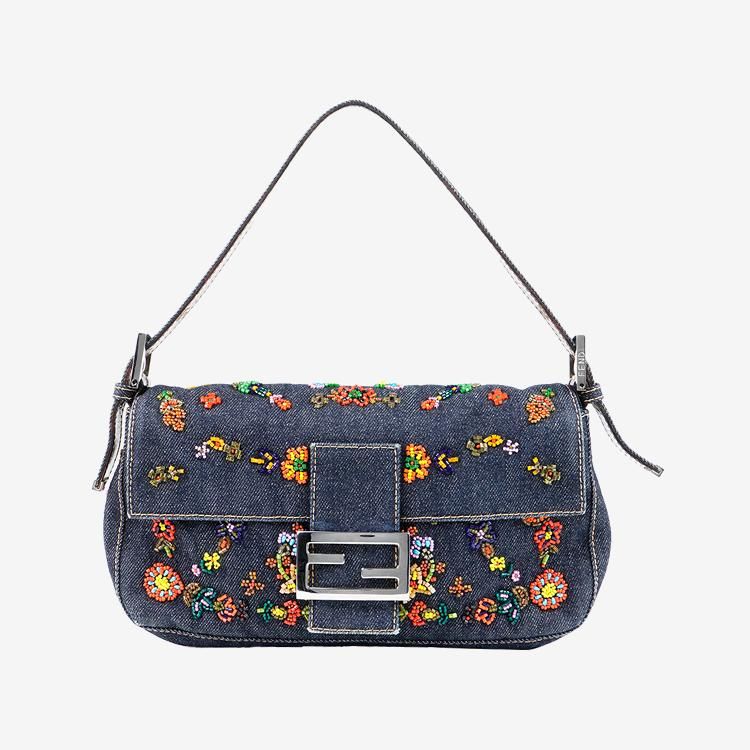 ビーズ刺繍デニムマンマバケット ブルー×ブラウン ヴィンテージ