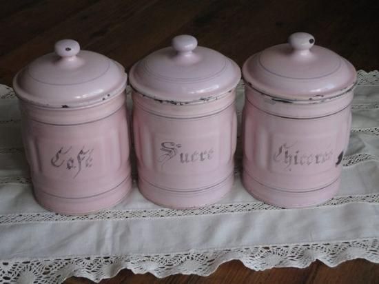 フランス ピンクのアンティークホーローキャニスター 3個セット