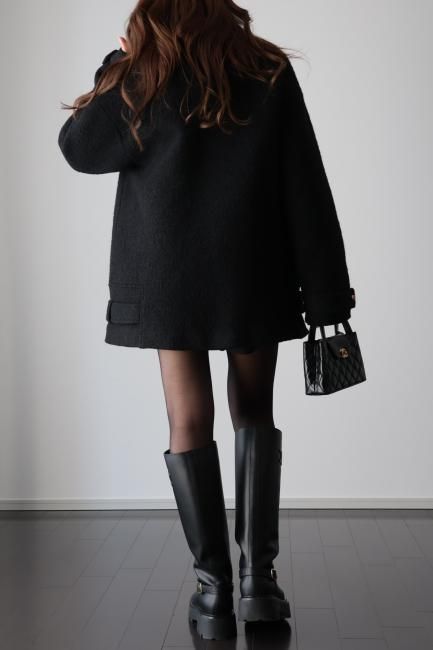 convertible collar double breasted wool midi coat / black - Madder