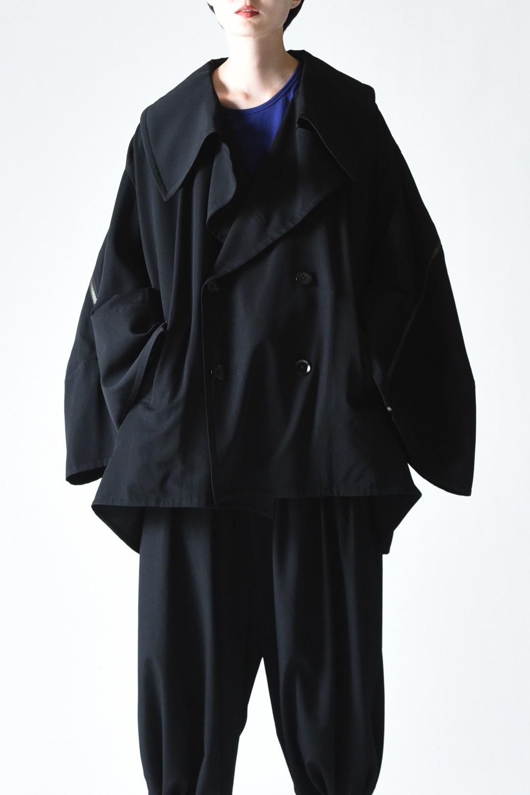 Y's ブラックフード付きロングモッズコート ウールギャバ ウール