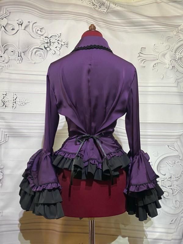 デコラティブネクタイ付き配色切り替え姫袖ブラウス：紫×紫黒ゴシック