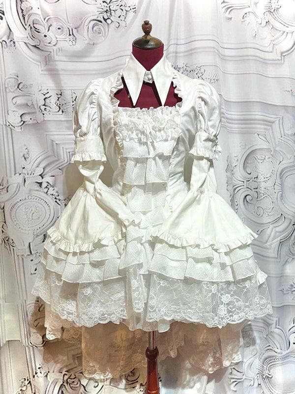 ◇受注商品◇別衿・姫袖付きドレスワンピース：白×白フリル - MARBLE