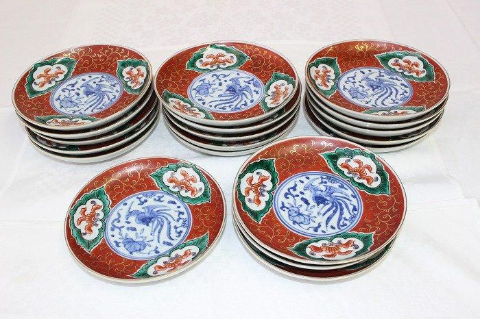 K-1817九谷焼金彩赤絵染付瑞鳥文五寸中皿全19客バラ売 九谷永楽窯造