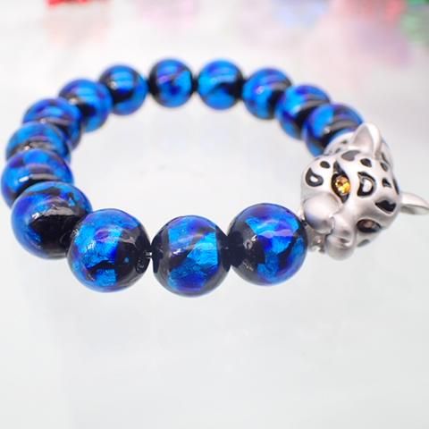 12mm ホタルガラス＆パンサーブレスレット（シルバー）シングル／黒