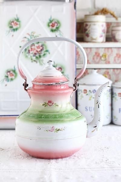 アンティークホーローケトルローズ柄ピンクぼかし - アンティーク