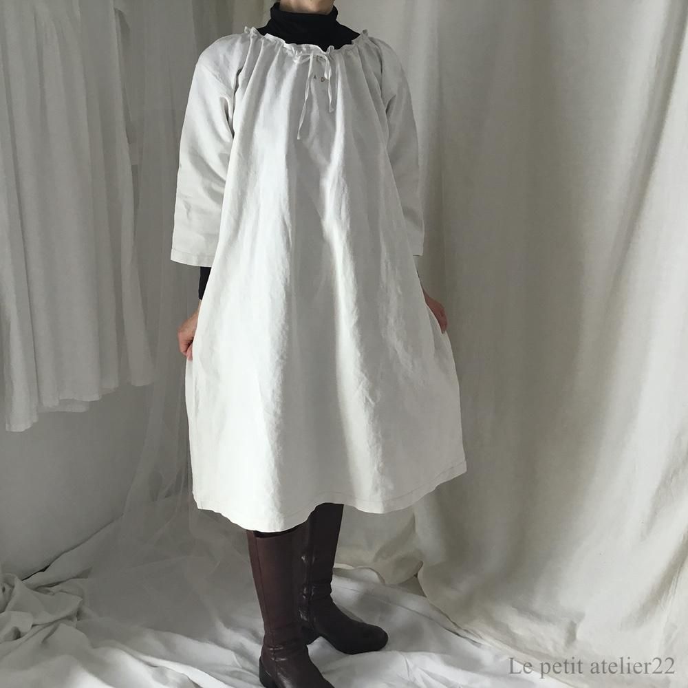 大人用 F)フランス アンティーク リネン ワンピース 作業着 七分袖